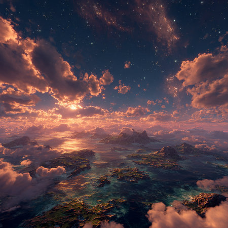 Fantasy alien planet. Mountain and sea. 3D illustrations.の素材