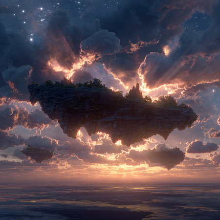 Fantasy alien planet. Mountain in the clouds. 3D illustrationsの素材