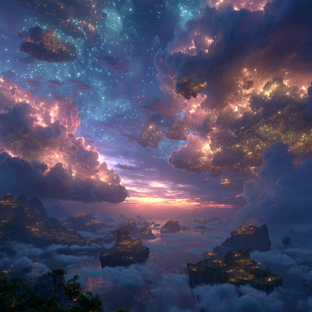 Fantasy alien planet. Mountain in the clouds. 3D illustrationsの素材