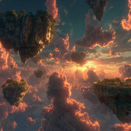 Fantasy landscape with clouds and sky. 3d render illustration.の素材