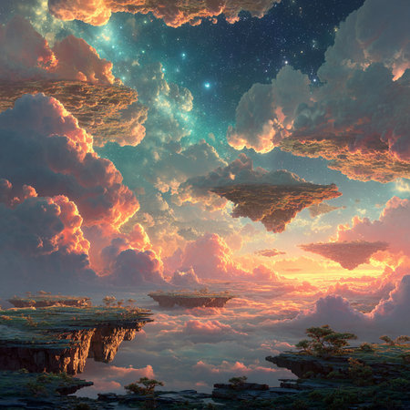 Fantasy alien planet. Mountain and sky with clouds. 3D illustrationsの素材