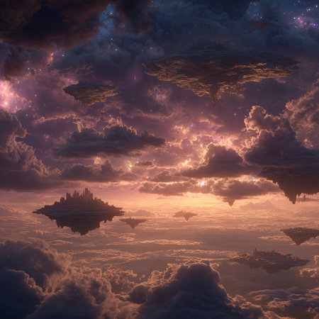 Fantasy alien planet. Mountain in the clouds. 3D illustrationsの素材