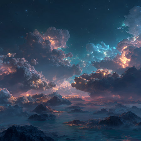 Fantasy landscape with clouds and sea. 3d render illustration.の素材