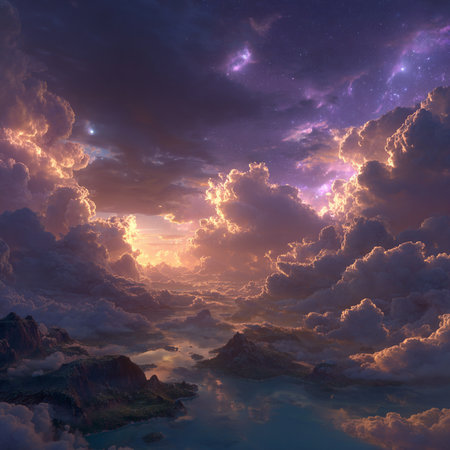 Fantasy landscape with mountain and sea. 3D illustrations. Elements of this image furnished by NASAの素材