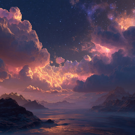 Fantasy alien planet. Mountain and sea. 3D illustrations.の素材