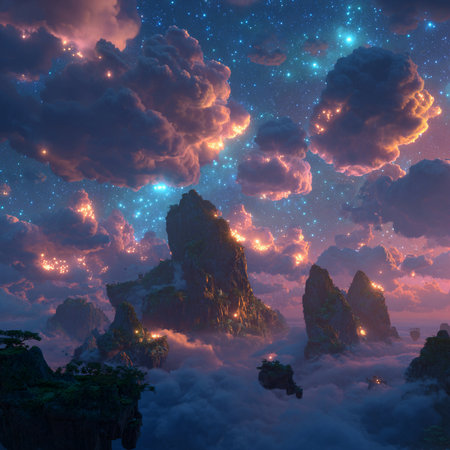 Fantasy alien planet. Mountain with clouds and stars. 3D illustrationsの素材