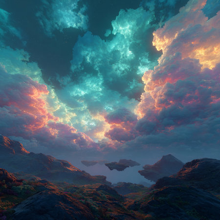 Fantasy alien planet. Mountain and sky. 3D illustrations.の素材