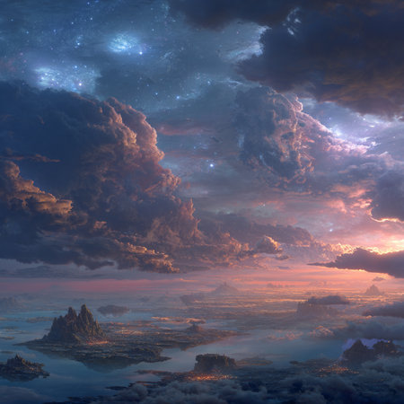 Fantasy alien planet. Mountain and clouds. 3D illustrations.の素材