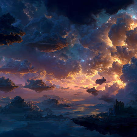 Fantasy alien planet. Mountain and clouds. 3D illustrations.の素材