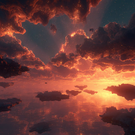 Fantasy landscape with clouds and sky reflected in water. 3d illustrationの素材