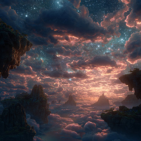 Fantasy alien planet. Mountain and sky with clouds. 3D illustrationsの素材