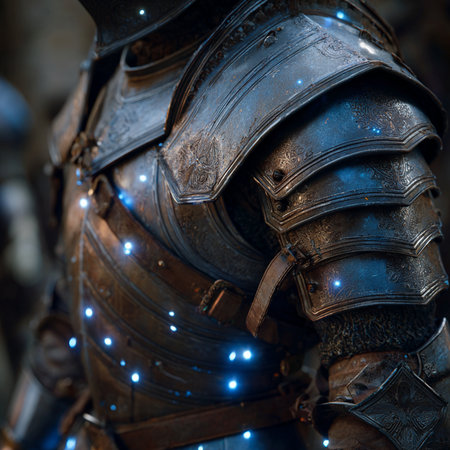 Close-up of a medieval knight's armor in a medieval castleの素材