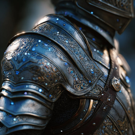Close-up of the armor of the medieval knight. Selective focus.の素材
