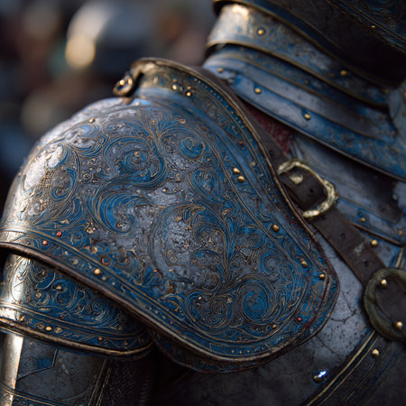 Close-up of a medieval knight's helmet. Selective focus.の素材