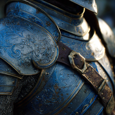 Close-up of the armor of the medieval knight. Metal protection.の素材