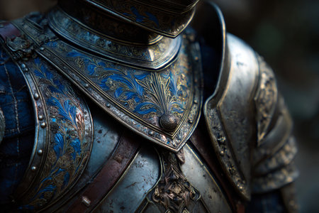Close-up of medieval knight armor, detail of armor, armor and weaponsの素材