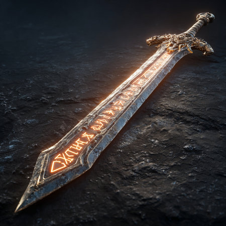 Medieval knight sword on dark background. 3d render illustration.の素材
