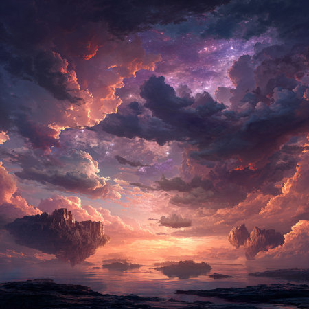 Fantasy alien planet. Mountain in the clouds. 3D illustrationsの素材