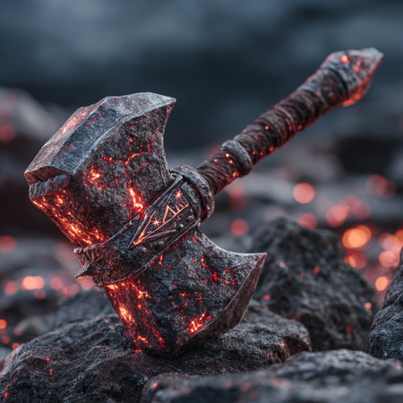 Old ax on the black stone with red fire in the background.の素材