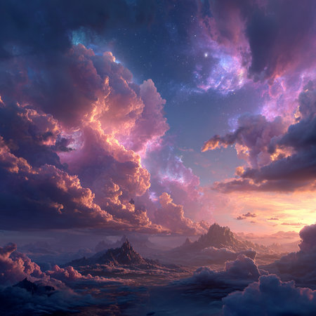 Fantasy landscape with clouds and sky. 3d render illustration.の素材