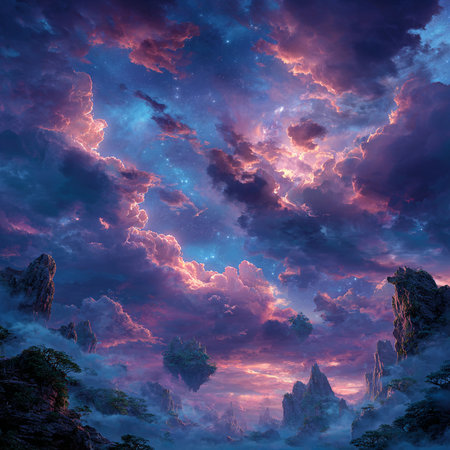 Fantasy landscape with stormy sky and clouds. 3d illustrationの素材