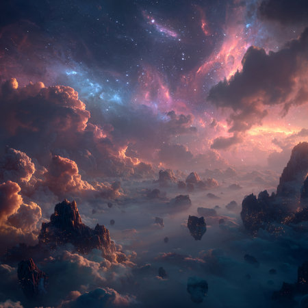 Fantasy landscape with clouds and stars. 3d illustration. Computer collage.の素材