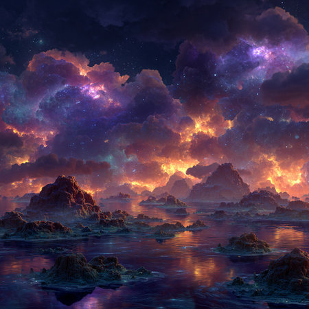 Fantasy alien planet. Mountain and nebula. 3D illustrationsの素材