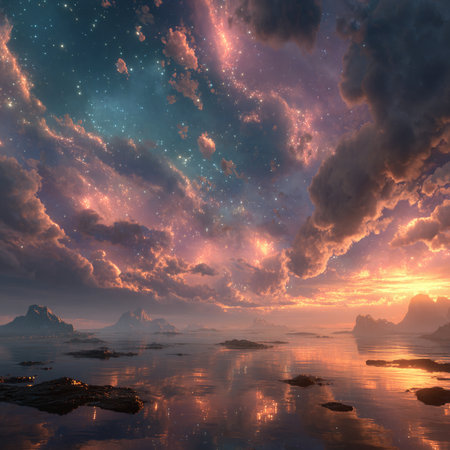 Fantasy alien planet. Mountain and lake. 3D illustrations.の素材