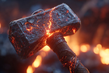 Close up of a wooden ax stuck in a burning campfire.の素材