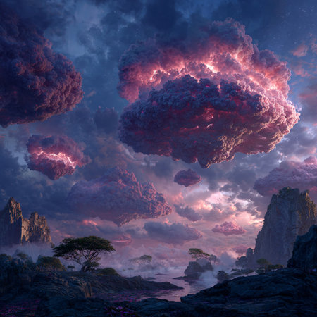 Fantasy landscape with a volcano in the sky. 3d renderの素材