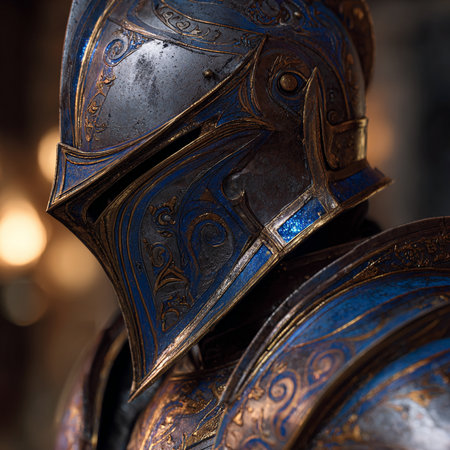 Close-up of a medieval knight's helmet. Metal armor.の素材
