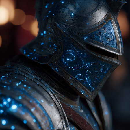 Close up of medieval knight's armor with blue lights on background.の素材