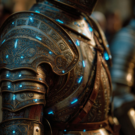 Close up detail of the armor of a medieval knight in medieval armor.の素材