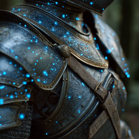 Close-up of a medieval knight's armor in the forest.の素材
