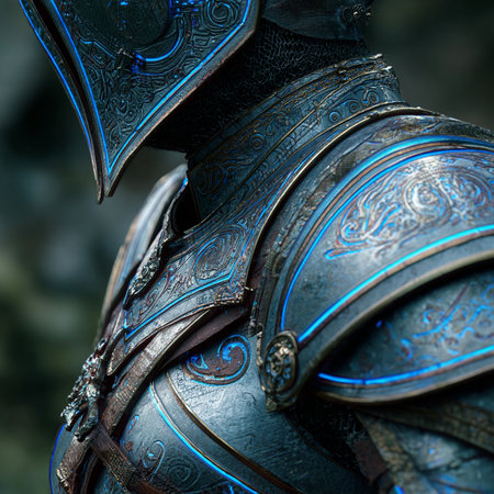 Close up of a medieval knight's armor with a blue pattern.の素材