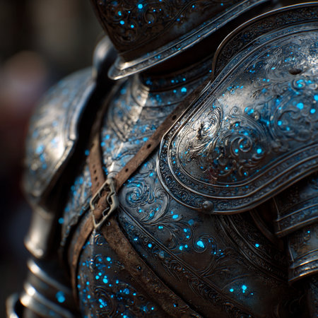 Close-up of a medieval knight's armor. Selective focus.の素材