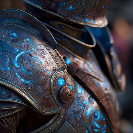 Close-up of a medieval knight's armor. Selective focus.の素材