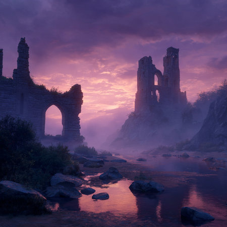 Ruins of medieval castle in misty morning. Fantasy landscape.の素材