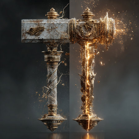 Cross made of metal with fire and smoke on a black background.の素材