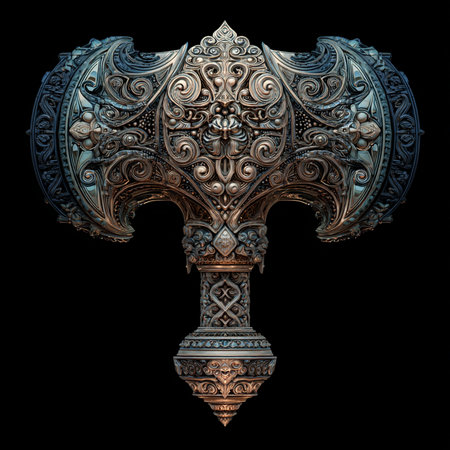 3d illustration of viking shield with ornament isolated on black backgroundの素材