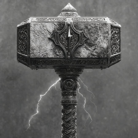 Ancient Roman stone lamp with a cross and lightning on a gray backgroundの素材