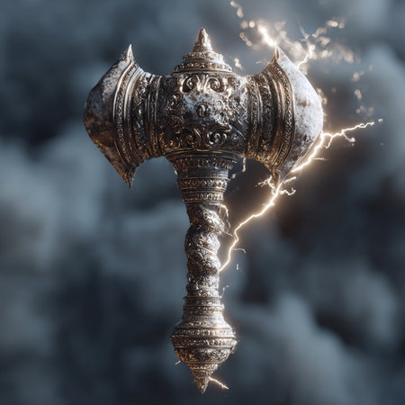 Ancient ax on a background of smoke. 3d render illustration.の素材