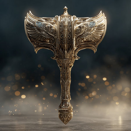 Ancient medieval battle ax with golden wings. 3d render illustration.の素材