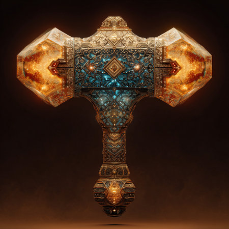 3d illustration of a cross made of precious stones on a dark backgroundの素材