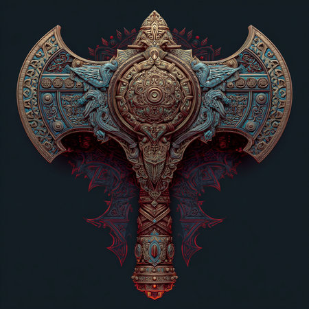 Crossed medieval sword and shield with ornament on dark background. Fantasy illustration.の素材