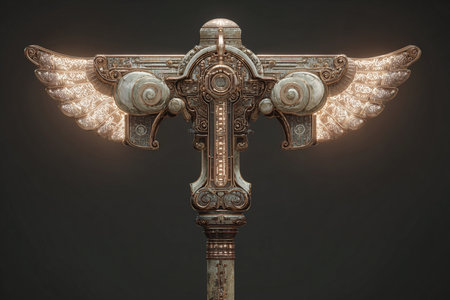 3D rendering of an old wooden cross with wings on a black backgroundの素材