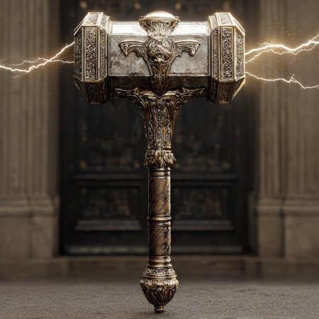 Old antique hammer with lightning in the background of the church interior.の素材