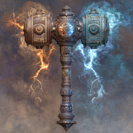 Medieval battle ax with lightning and smoke. 3D illustrations.の素材