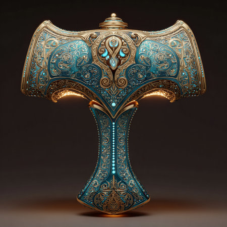 3D illustration of an ornamental shield isolated on a dark backgroundの素材