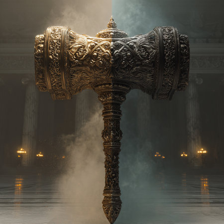 Ancient Thai style wooden ax in dark foggy room. 3D renderingの素材